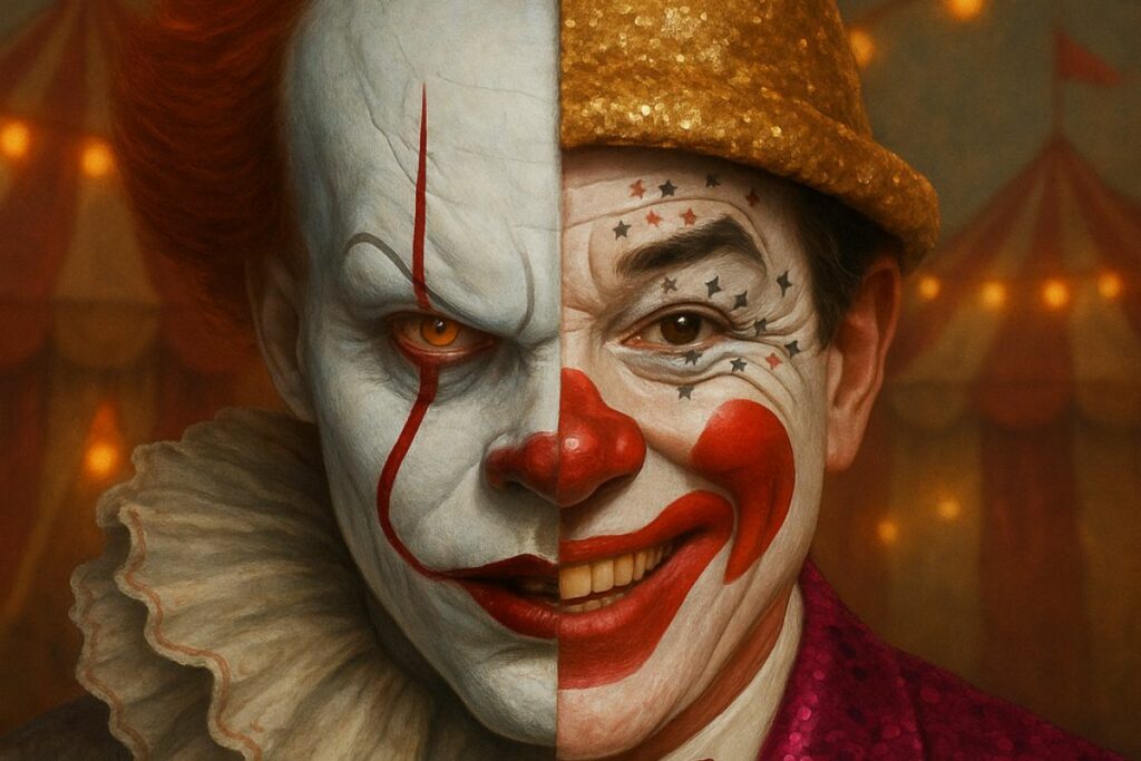 La dualidad del payaso: entre el terror y la risa infantil. Foto: ChatGPT.