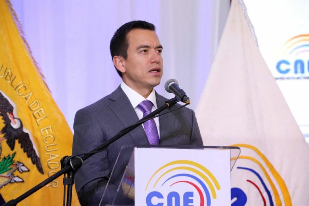 El presidente Daniel Noboa intervino durante la inauguración de las votaciones para la Consulta Popular y el referendo 2024. Foto: Flickr/ CNE