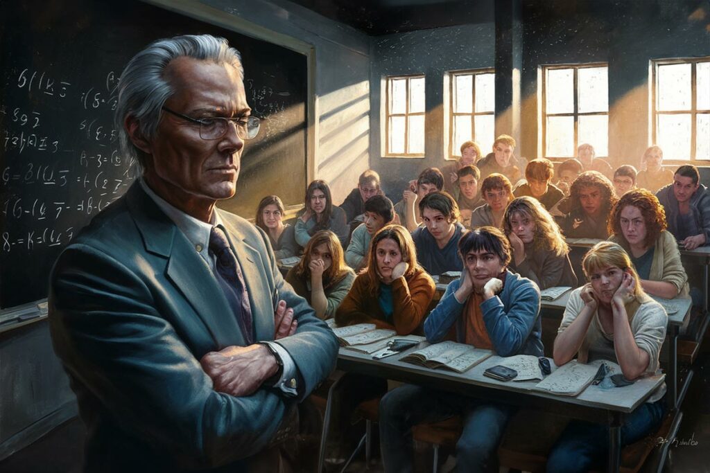 Imagen creada en Ideogram con el prompt: Profesor molesto dicta clase a alumnos dóciles, pasivos y temerosos. Además, editada con Adobe Firefly.