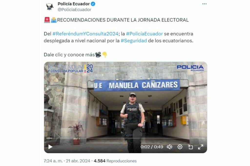 Recomendaciones para este proceso electoral por parte de la Policía Nacional. Foto: X @PoliciaEcuador.