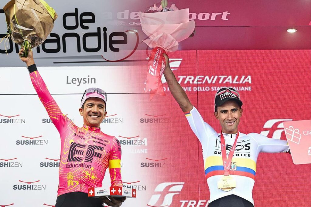 Richard Carapaz y Jhonatan Narváez (der.) tienen opciones de representar a Ecuador en París 2024. De momento, solo uno irá. Fotos: EFE / Diseño EL COMERCIO