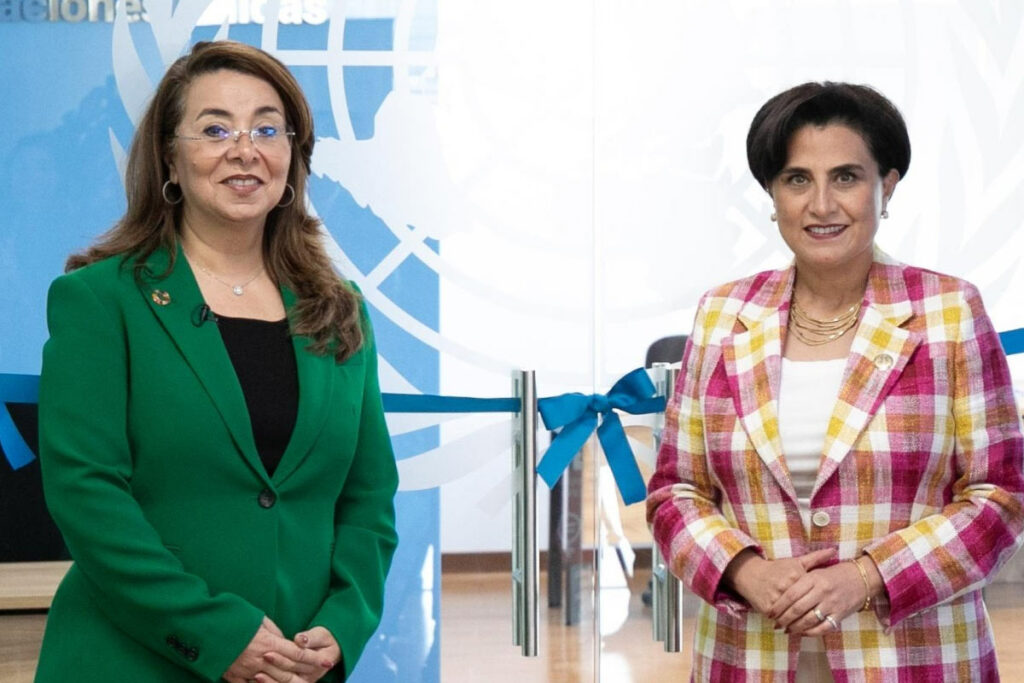 Ghada F. Waly y Gabriela Sommerfeld en la reunión de cooperación entre Ecuador y las Naciones Unidas contra la Droga y el Delito. Foto: Ministerio de Relaciones Exteriores