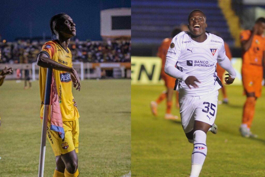 Allen Obado (izq) de Barcelona y Jairón Charcopa (der.) de Liga de Quito. Foto: Composición de redes sociales de BSC y API