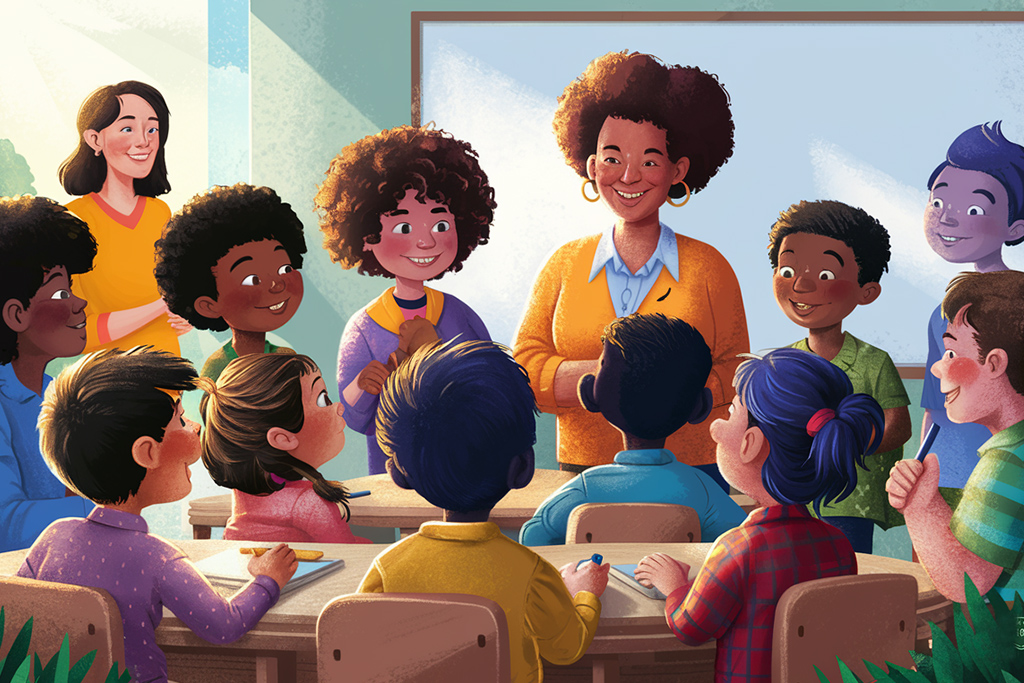 Imagen generada en Ideogram con el prompt: Personas positivas, proactivas y asertivas -docentes, padres y alumnos- en un ámbito escolar seguro.