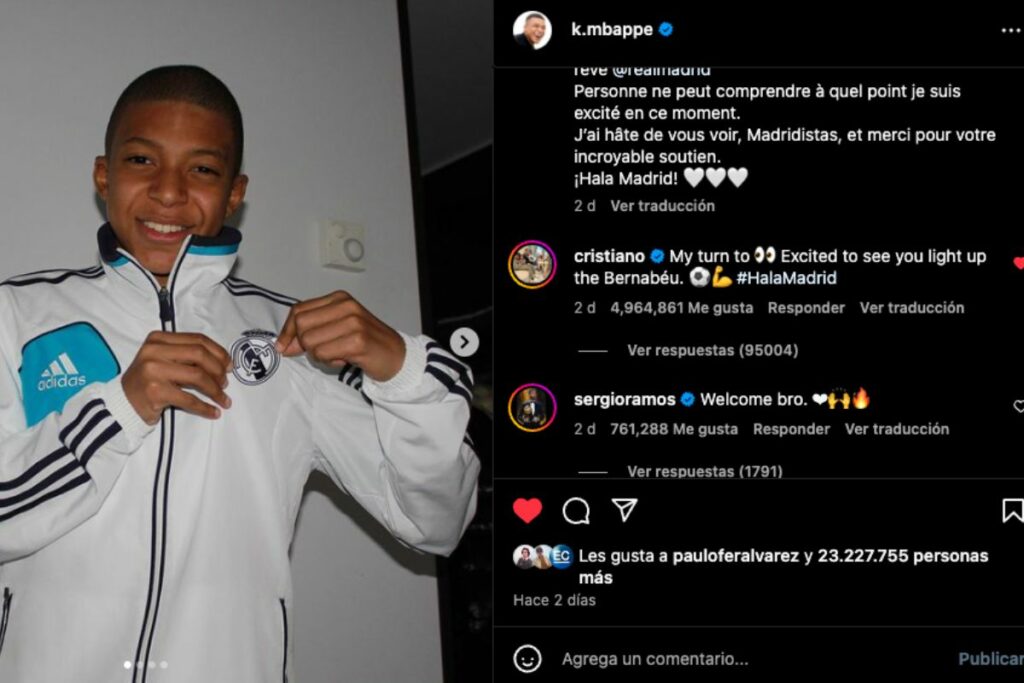Posteo de Kylian Mbappé anunciando su fichaje con el Real Madrid.