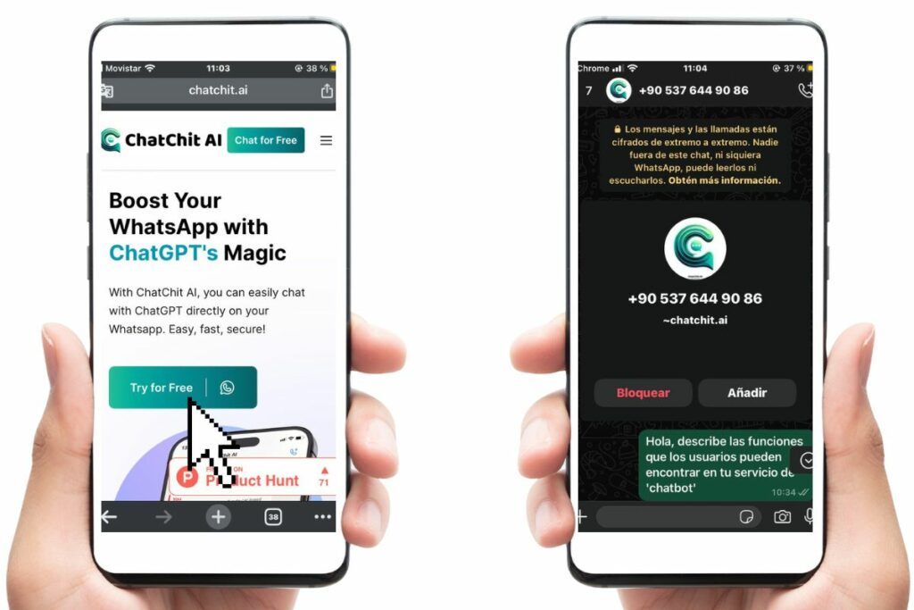 Las funciones de ChatChit AI en WhatsApp incluyen mensajes seguros, disponibilidad en varios idiomas y tecnología GPT-3.5. Foto: Captura de pantalla.