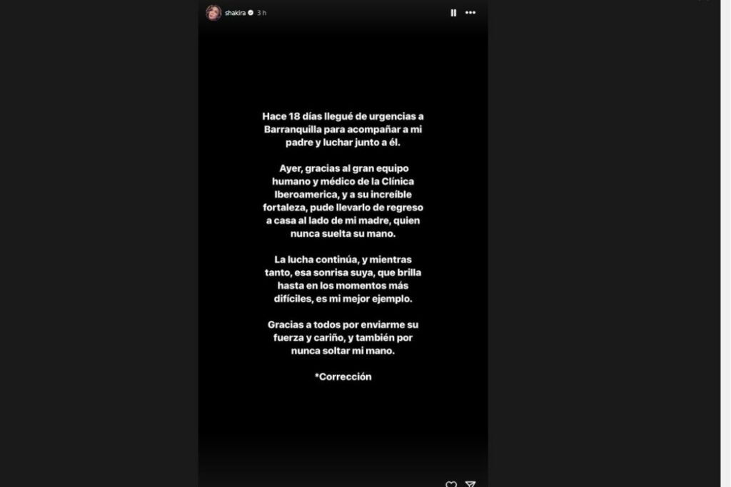 Mensaje publicado en las stories de Instagram de Shakira. Foto: screenshot 