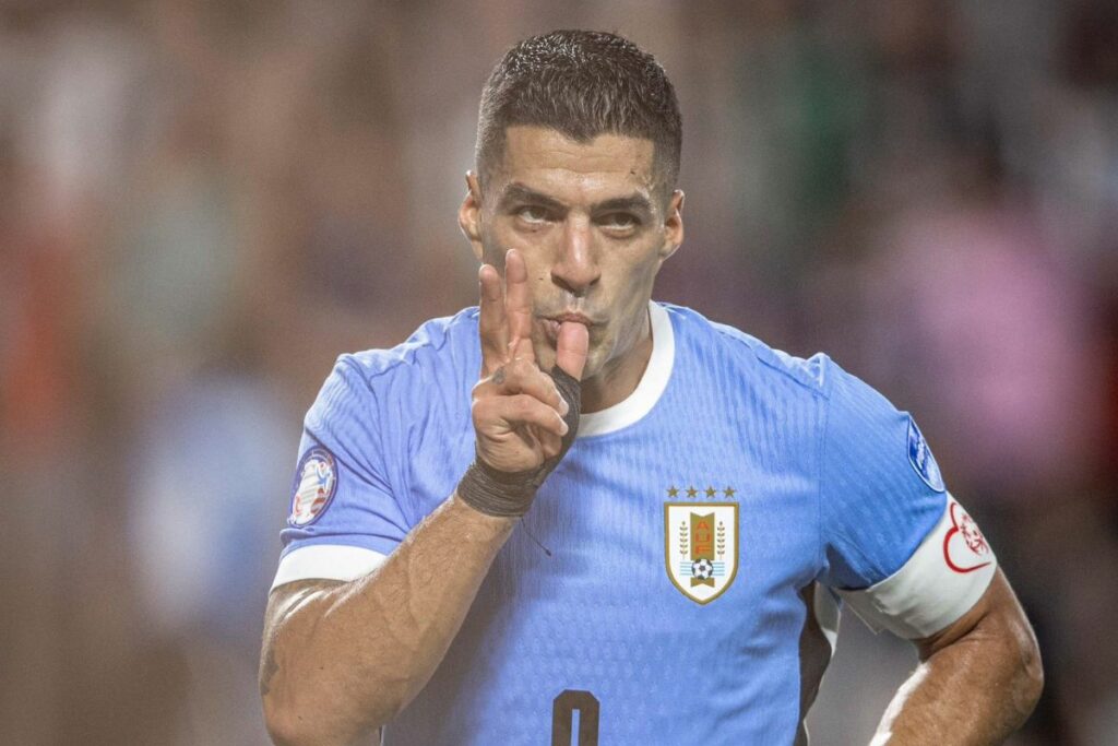 Luis Suárez celebrando su último gol con Uruguay en la Copa América 2024.