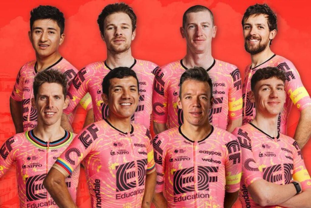El equipo del EF Education-EasyPost para la Vuelta a España 2024. Alexander Cepeda, Rui Costa, Owain Doull, Richard Carapaz, Harry Sweeny, Rigoberto Urán, James Shaw, Darren Rafferty .