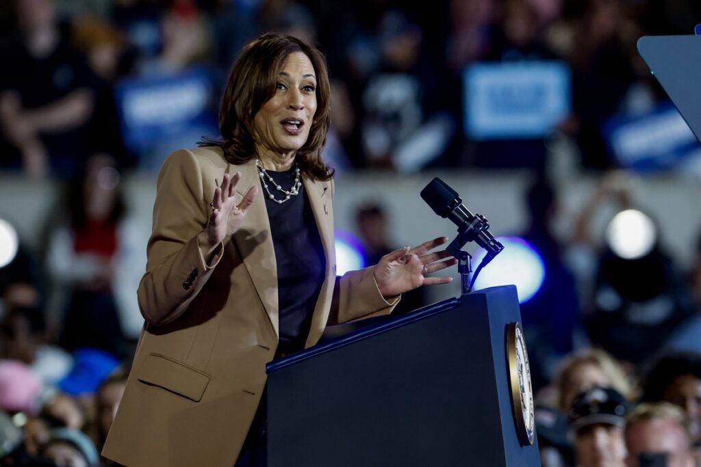 La candidata presidencial demócrata, la vicepresidenta estadounidense Kamala Harris, habla durante un mitin de campaña en el estadio James R. Hallford en Clarkston, Georgia.