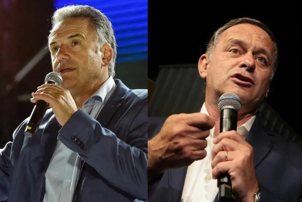 Combo de fotografías de archivo del 22 de octubre de 2024 de los candidatos presidenciales, por el Frente Amplio, Yamandú Orsi (i), y por el Partido Nacional, Álvaro Delgado, durante actos de campaña.