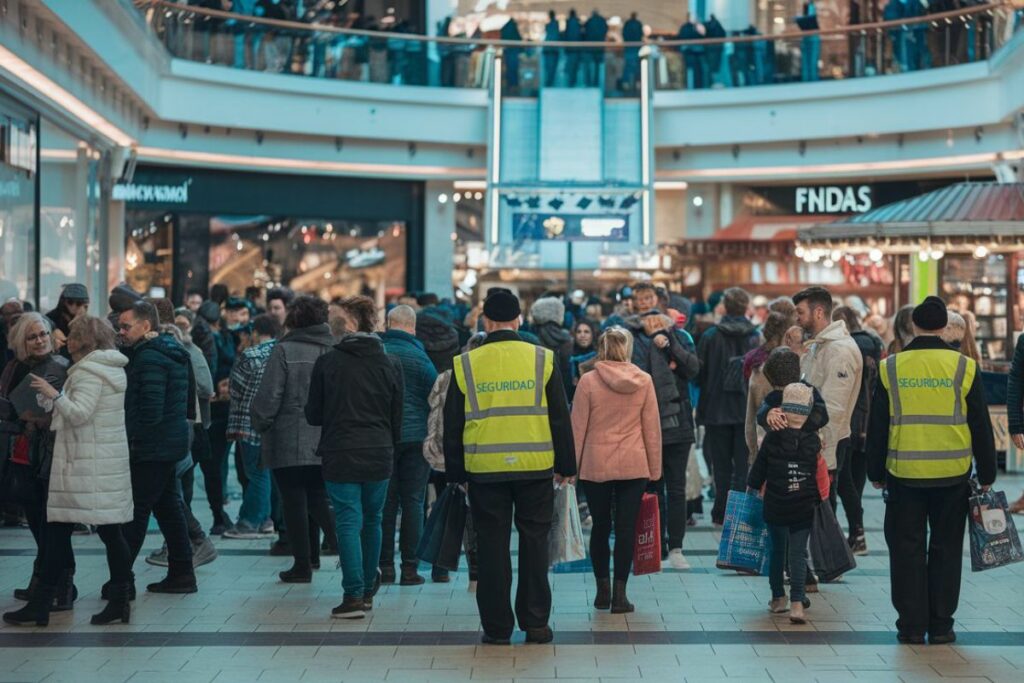 Ideogram: Una escena de mucha gente comprando en un centro comercial en Black Friday. Hay guardias de seguridad en el centro comercial, identificables por sus chalecos amarillos brillantes. El ambiente es bullicioso y animado.
