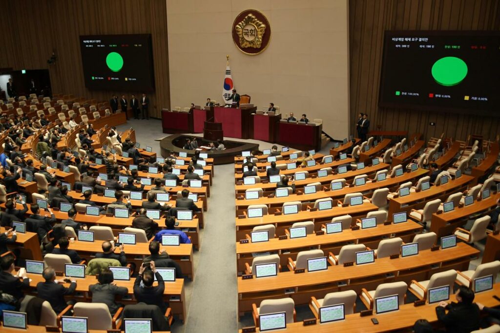 Los legisladores gobernantes y de oposición votan por unanimidad a favor de una resolución que insta al presidente a retirar la ley marcial.