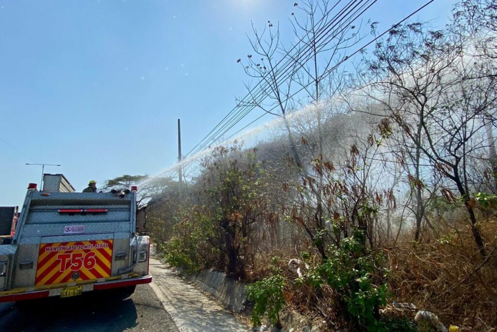 El Cuerpo de Bomberos Guayaquil combate el incendio en el Cerro Azul.