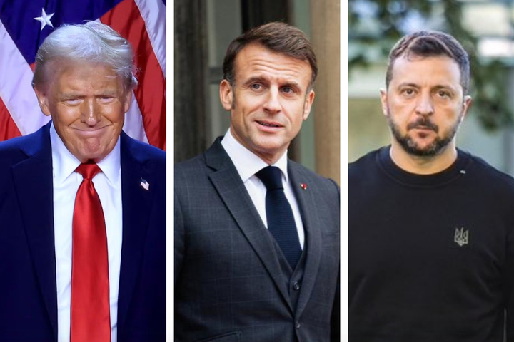 El presidente reelecto de EE.UU.,Donald Trump, y los presidente de Francia y Ucrania, Emmanuel Macron y Volodímir Zelensky, respectivamente. Fotos: Archivo EFE