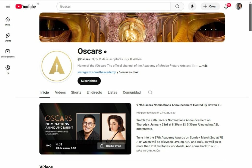 Canal de los Oscar en YouTube.