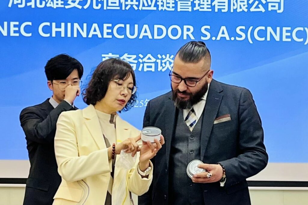 La ceremonia de oficialización de la llegada de atún en lata a China se realizó en la zona franca de Xiongan, este viernes 14 de febrero de 2025.