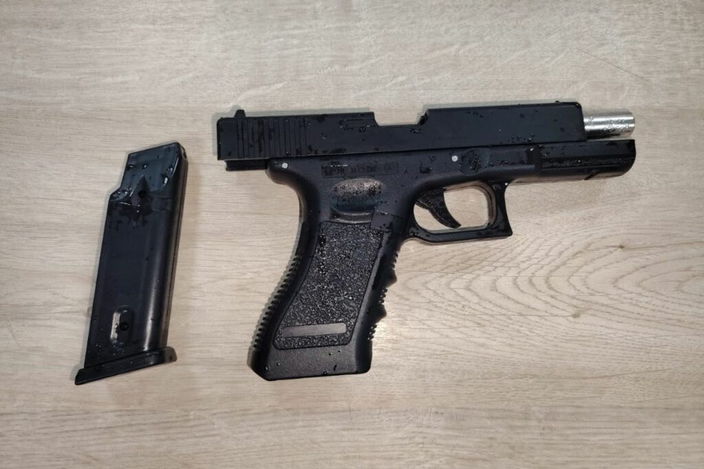 Dos antisociales intentaron sustraer el arma de fuego a una servidora policial en Florida. Foto: Policía Nacional