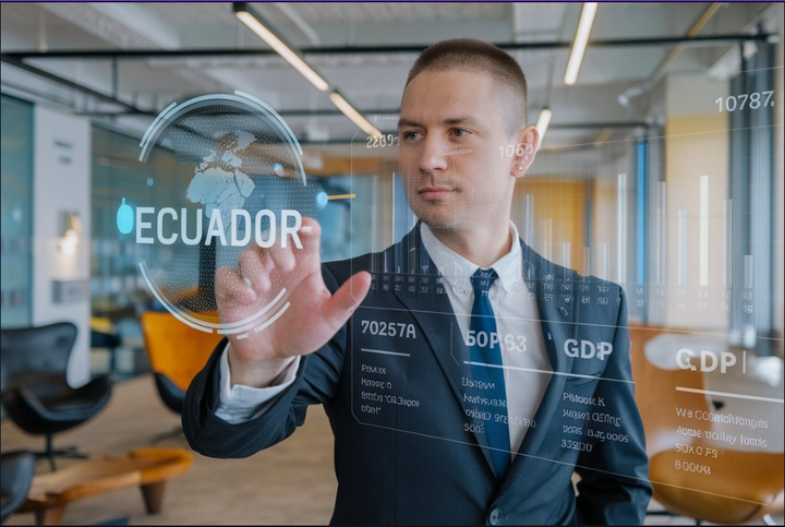 Imagen de Ideogram con el prompt: Empresario interactuando con una interfaz gráfica futurista que muestra información sobre Ecuador. El gráfico tiene una pantalla holográfica con varios puntos de datos, incluida la población, el PIB y los bienes de exportación.