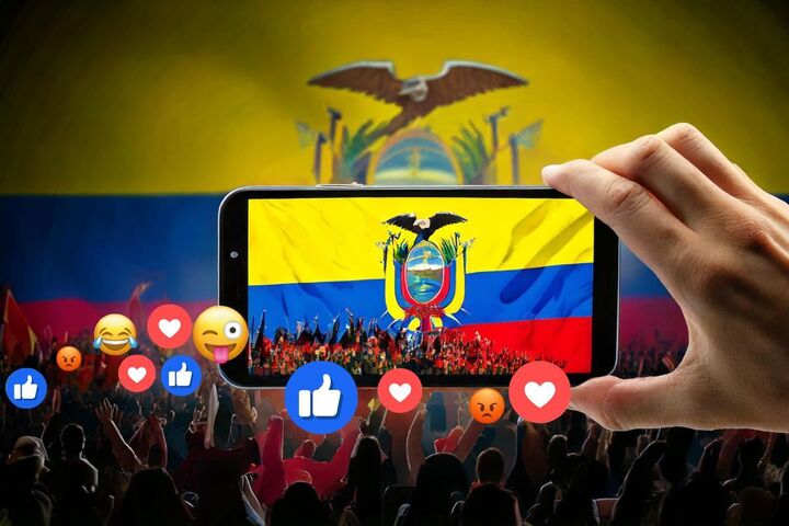 Imagen creada en Adobe Firefly con el prompt: Live streaming de evento de campaña electoral en Ecuador para redes sociales.