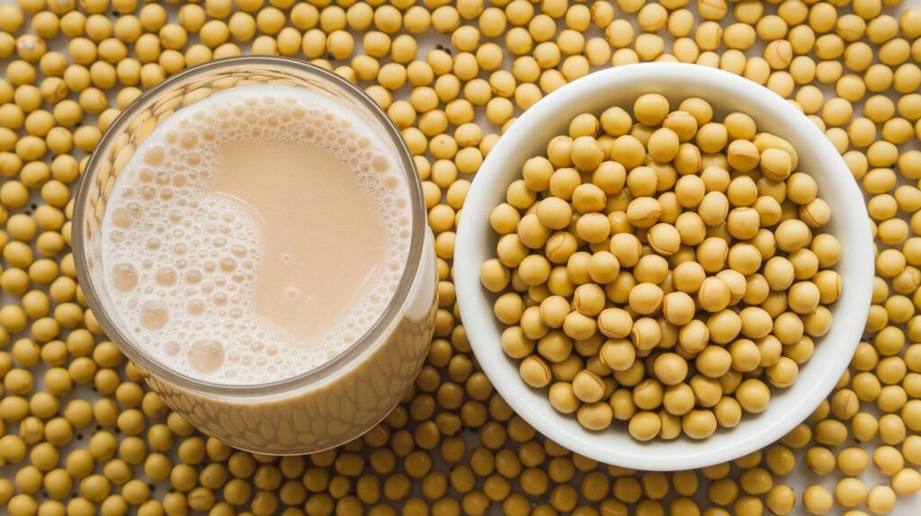La leche de soja se elabora a partir de granos de soja amarilla, procesados en remojo y cocción.