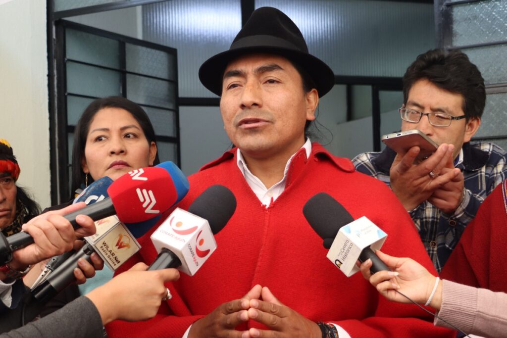 Leonidas Iza en una rueda de prensa este 7 de marzo de 2025.
