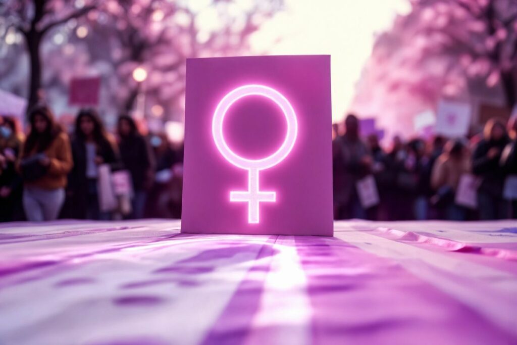 Imagen generada en Freepik AI, derechos de las mujeres en púrpura.
