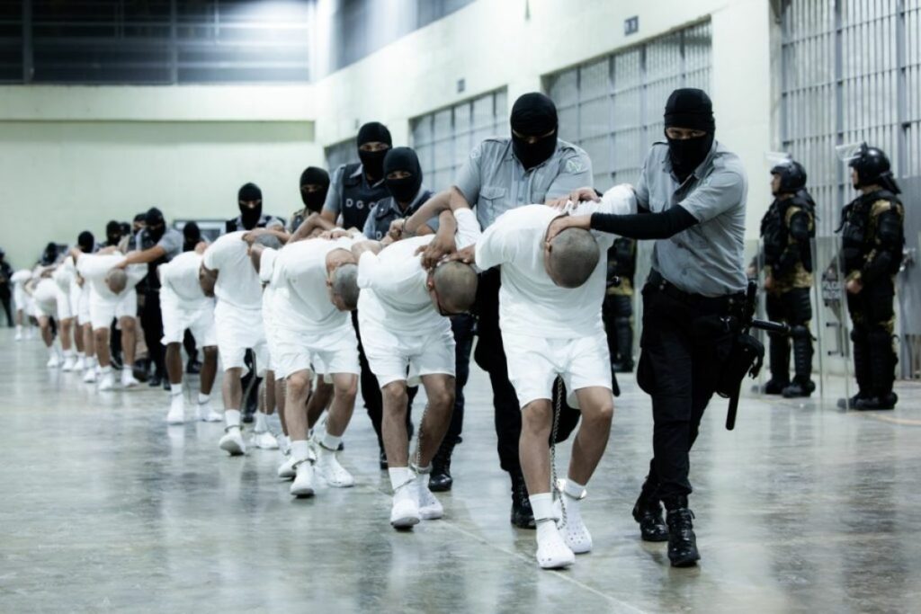 Una foto facilitada por la Presidencia de El Salvador muestra a guardias del Centro de Reclusión del Terrorismo (Cecot) trasladando a presuntos miembros de la banda criminal conocida como Tren de Aragua.