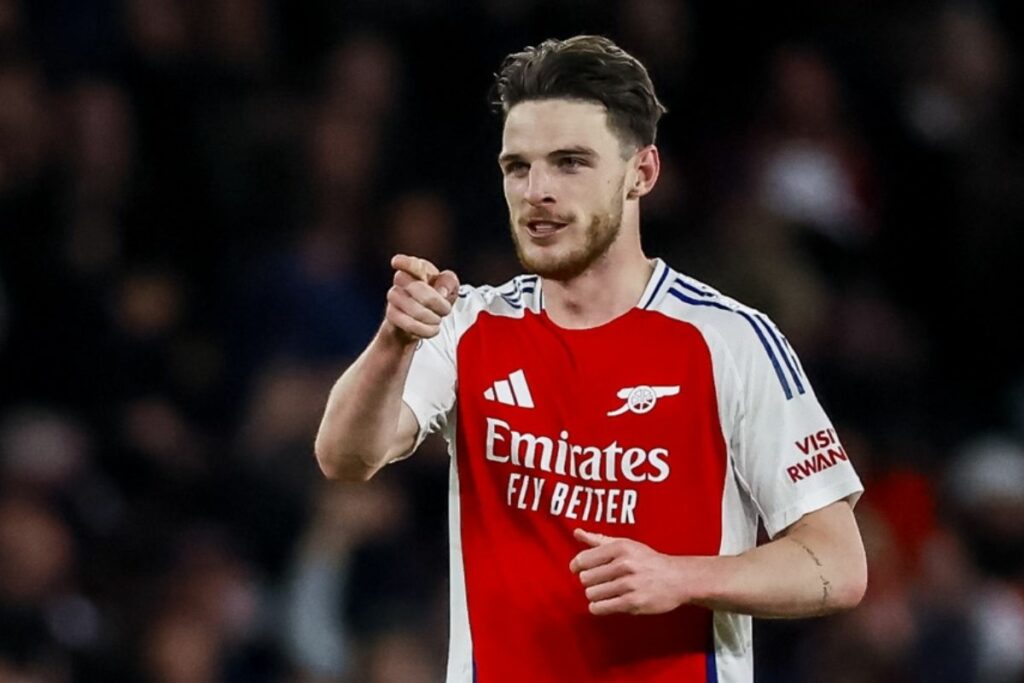 Declan Rice celebra uno de sus goles con el Arsenal en la UEFA Champions League.