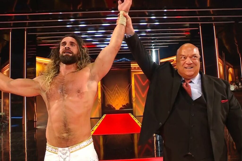 Seth Rollins y Paul Heyman celebran la victoria ante Roman Reigns y CM Punk en WrestleMania 41.