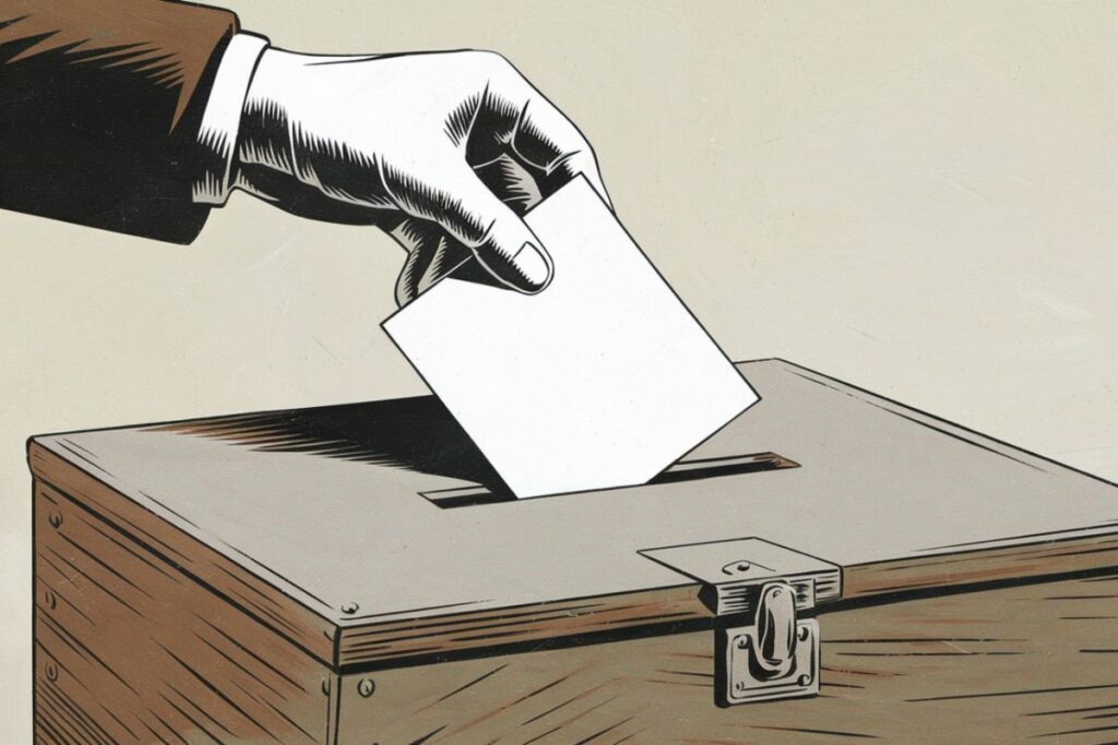 Este domingo 13 de abril se realizarán las votaciones. Imagen realizad con IA con el prompt, el momento del voto de una persona.