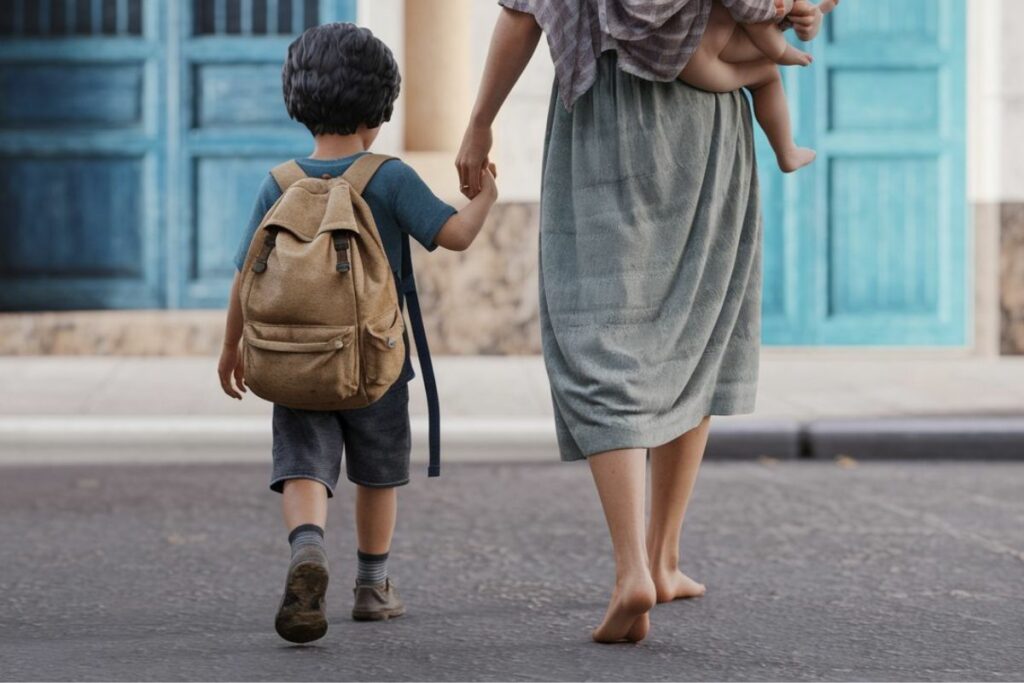Imagen referencial creada con IA, con el prompt: un niño va a la escuela de la mano de su madre.
