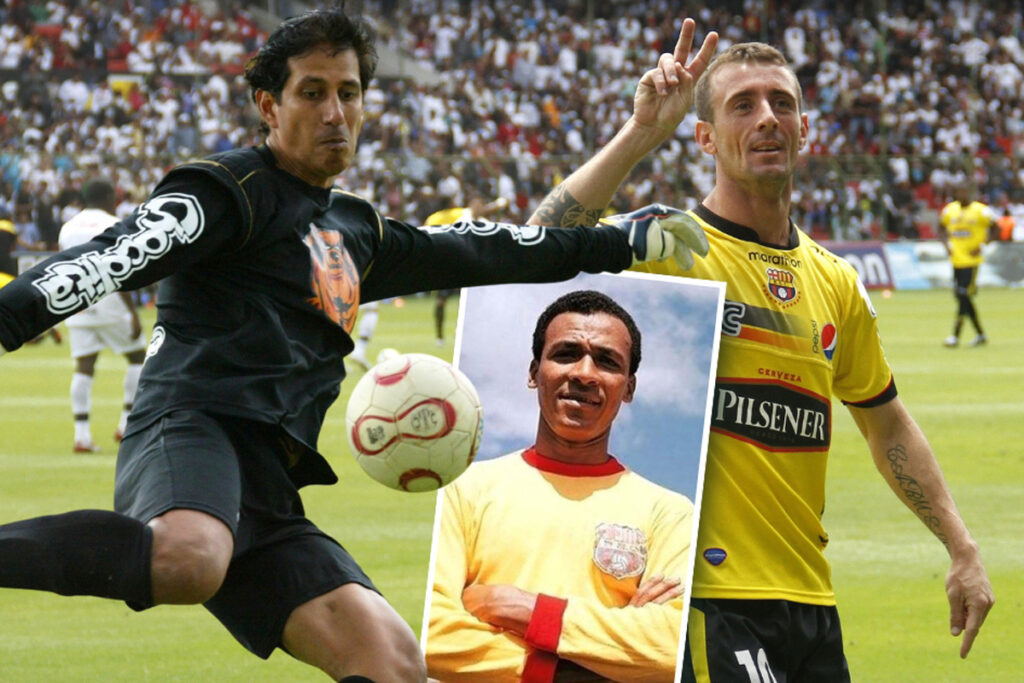 José Cevallos (i), Alberto Spencer y Damián Díaz en distintas etapas como jugadores de Barcelona SC.
