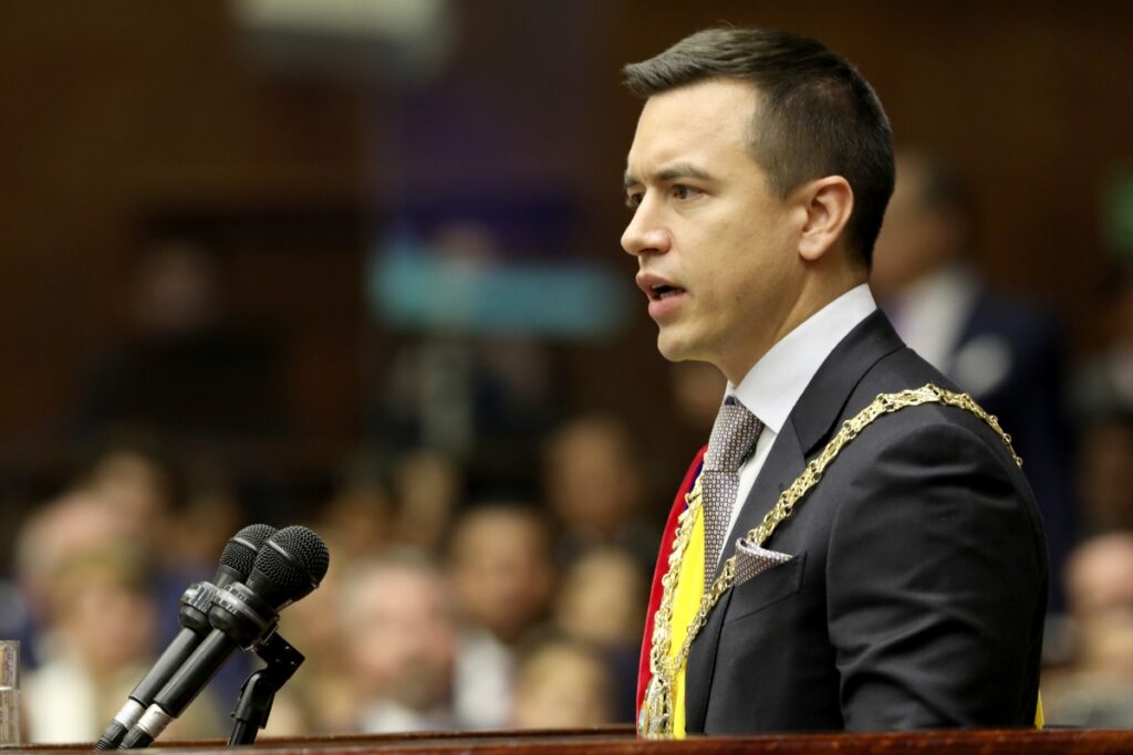 Daniel Noboa cuando fue posesionado como Presidente de la República en la Asamblea Nacional en el año 2023.