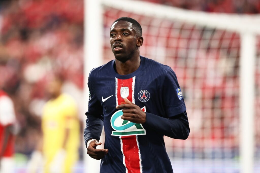 Ousmané Dembelé, compañero de Willian Pacho en el PSG, en un partido de la Champions League antes de enfrentar al Inter de Milán.