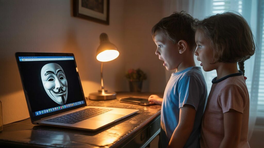 La figura conocida de “Anonymous” en la pantalla de un ordenador, mientras dos niños se sorprenden.