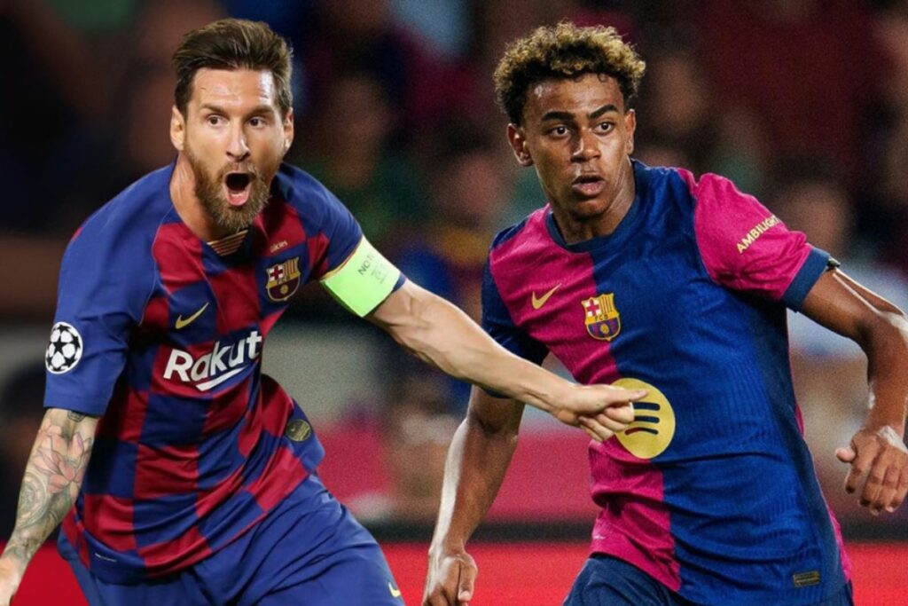 Lionel Messi (i) y Lamine Yamal en sus etapas como jugadores del FC Barcelona.