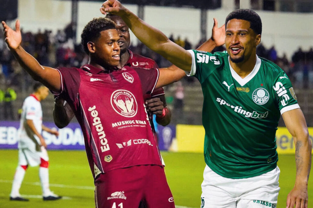 Elián Caicedo (i) y Murilo Cerqueira celebran goles marcados con Mushuc Runa y Palmeias en el 2025.
