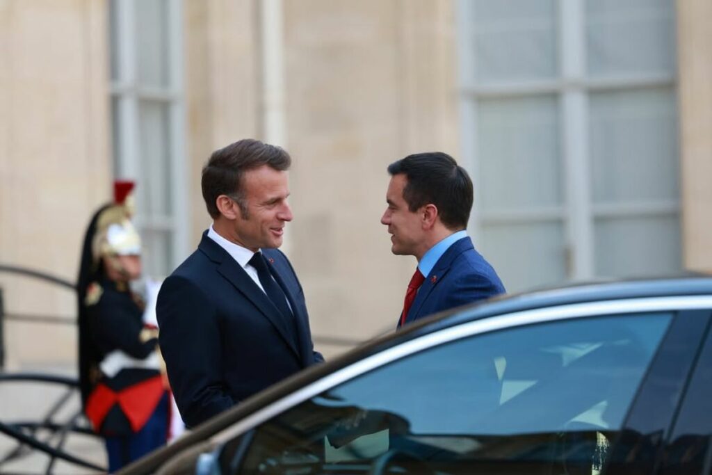 El presidente Daniel Noboa en su reunión de este 8 de mayo con el presidente Macron.