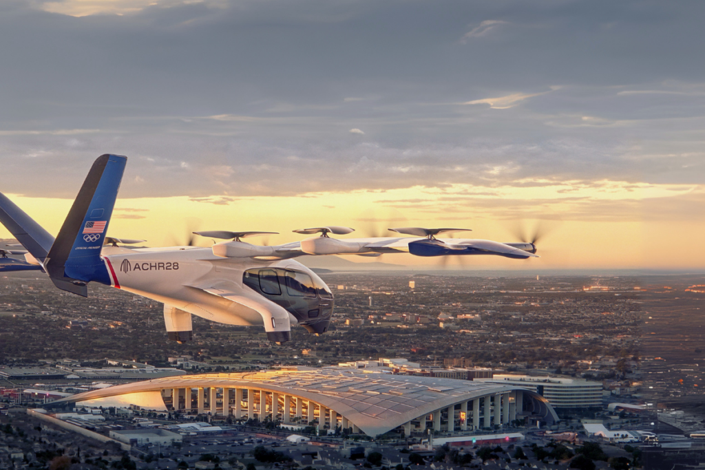 Los taxis aéreos se plantean como una alternativa para la congestión y las distancias que habrán en los Juegos Olímpicos de Los Ángeles. Foto: Archer Aviation simulación.