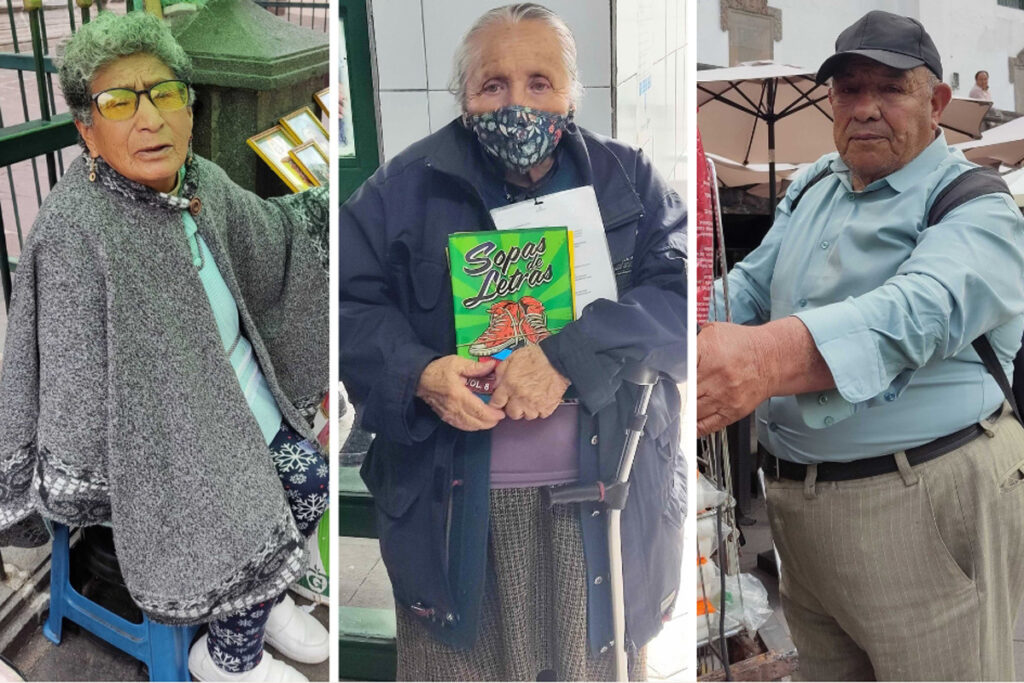 De izq. a der.: Laura Iza, Mercedes Núñez y Efraín Ortega. Los tres venden en las calles del Centro Histórico de Quito.