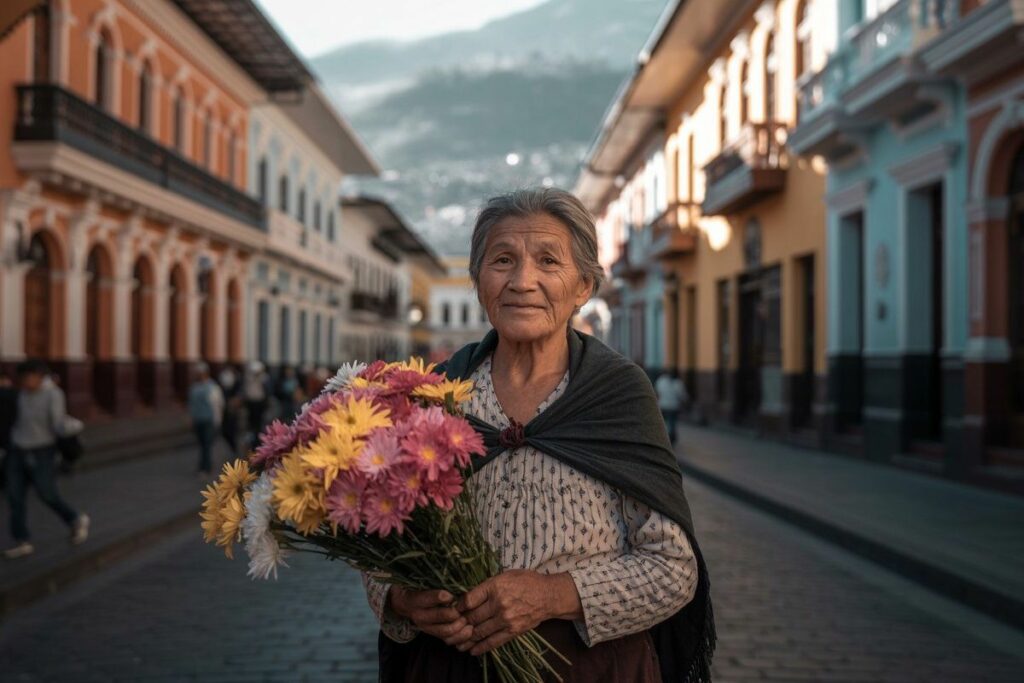 Imagen creada en Ideogram con el prompt: Mujer adulta mayor ecuatoriana vendiendo flores en el Centro Histórico de Quito.