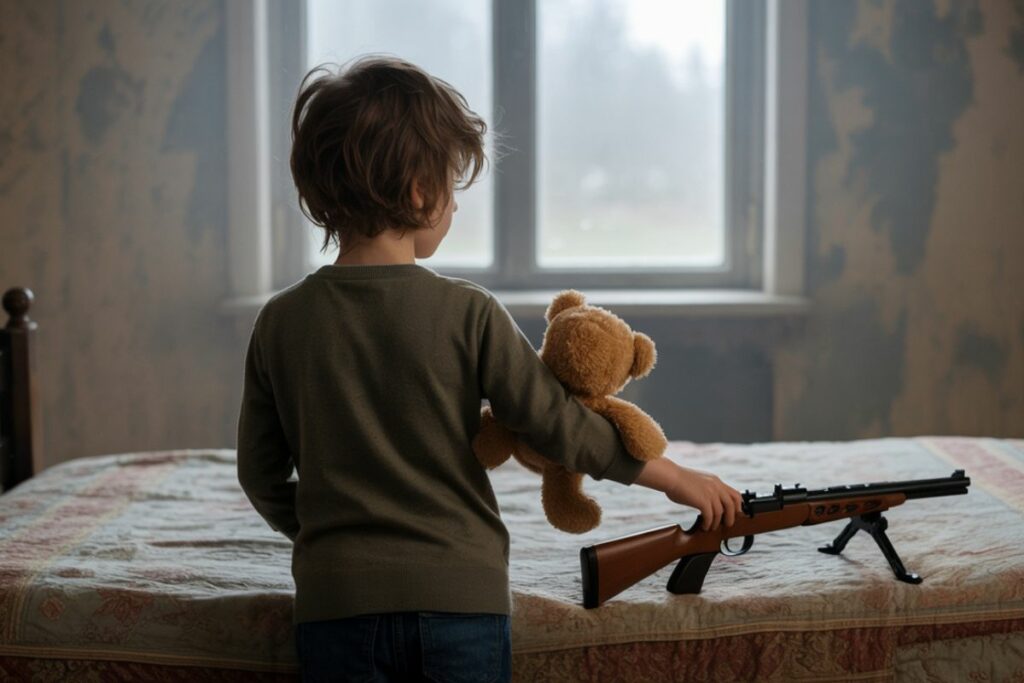 Imagen creada con inteligencia artificial con el prompt: un niño juega con un peluche y una arma.