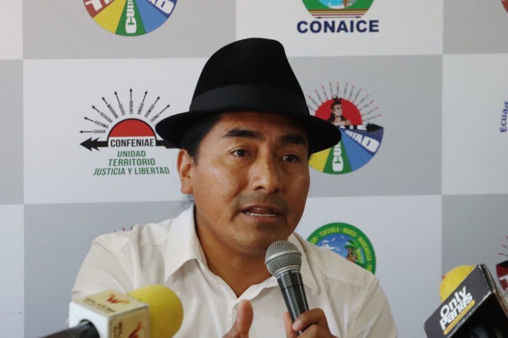 Leonidas Iza en una rueda de prensa.