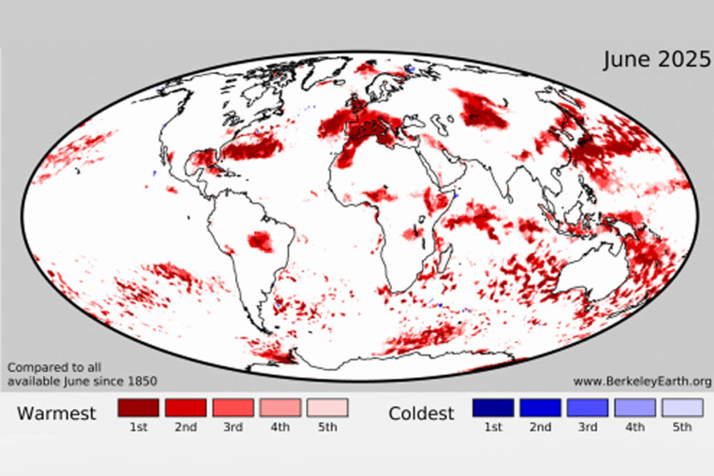 Aproximadamente el 3,3% de la superficie terrestre experimentó el junio (2025) más cálido registrado (1,8% y 4% de las superficies terrestre y oceánica, respectivamente. Foto: www.berkeleyearth.org