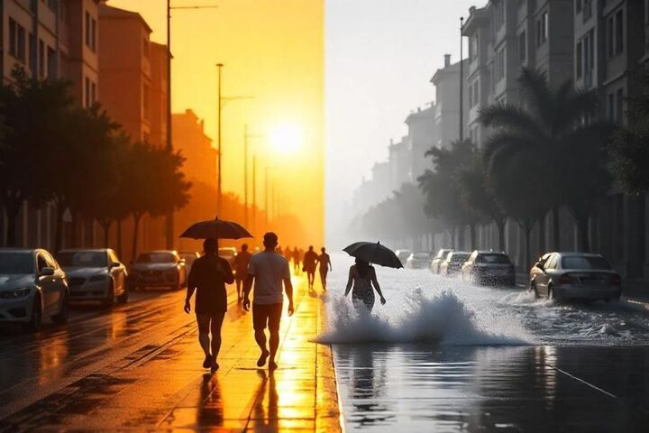 Imagen generada en Freepik/Pikaso/AI con el prompt: contraste del sol intenso con una fuerte lluvia.