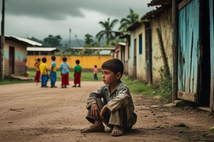 Foto creada en CanvaIA con el prompt: Un niño pequeño sentado solo en una calle polvorienta de un pueblo rural ecuatoriano durante las vacaciones escolares, con ropa desgastada.