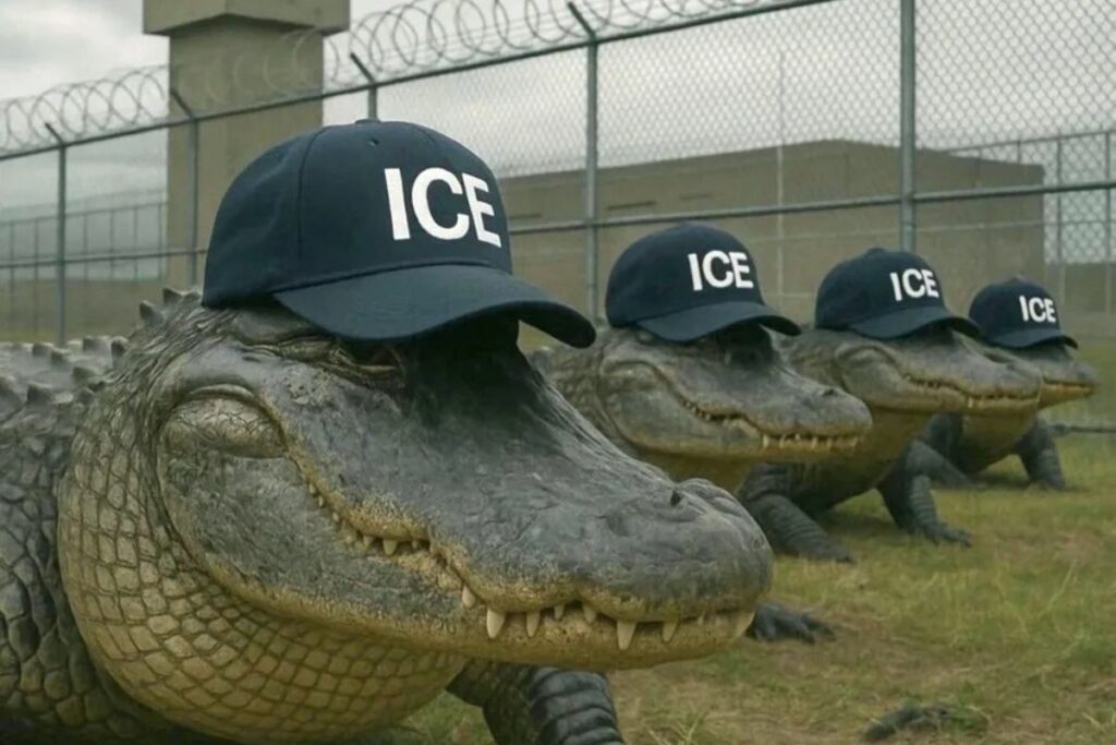 Fotografía publicada por el Departamento de Seguridad Nacional de EE.UU. en X de caimanes con gorras del Servicio de Inmigración y Control de Aduanas (ICE), frente a un centro de detención.