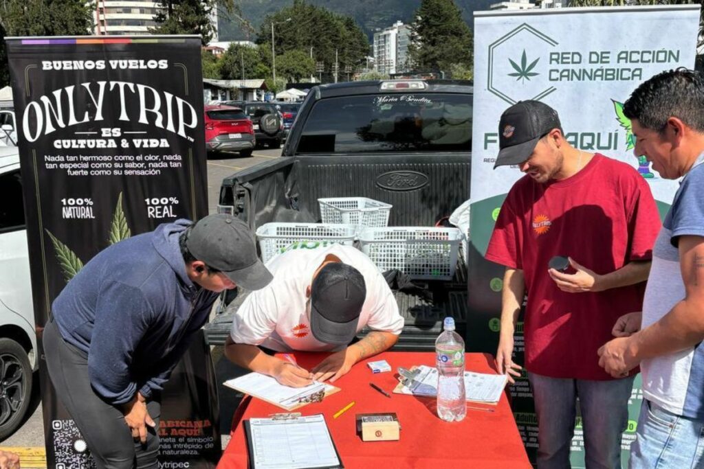 Miembros de la RedCann recoge firmas que permita debatir la despenalización del consumo responsable y adulto del cannabis.