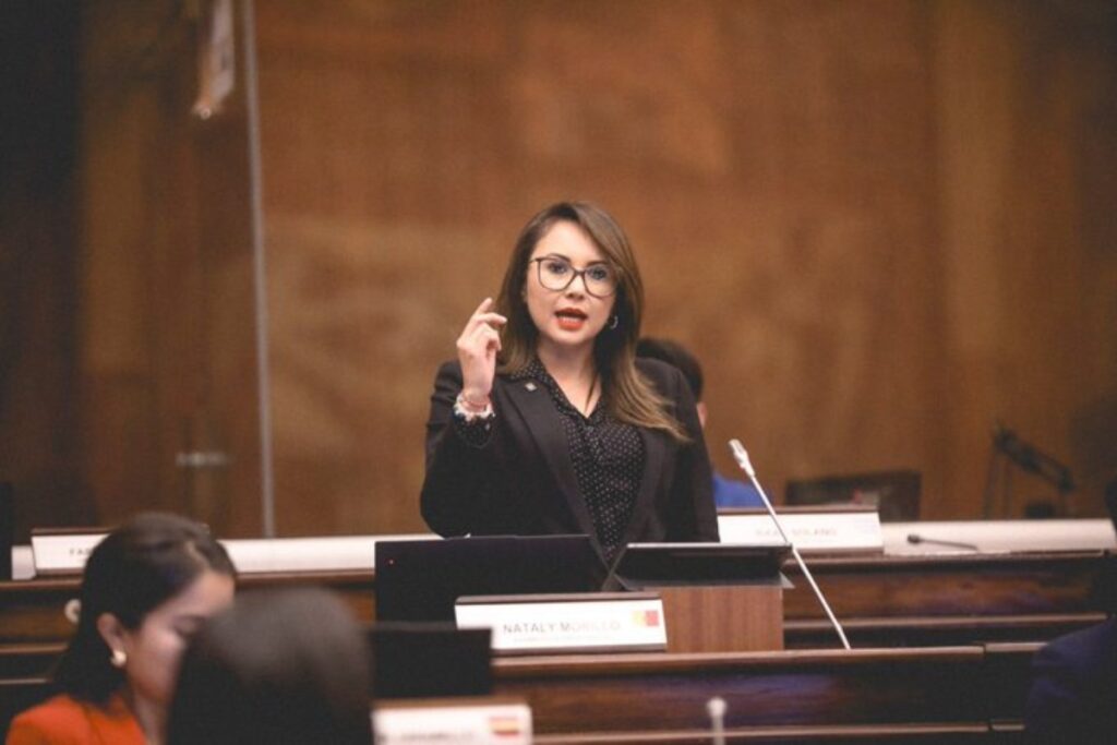Nataly Morillo, de ADN, exigió la renuncia de Santiago Díaz y cuestionó a Viviana Veloz, de Revolución Ciudadana, en el Pleno de la Asamblea.